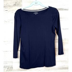 Talbots Tee Womens S Petite Navy Blue 3/4 Sleeve Pima Cotton Casual Summer Top